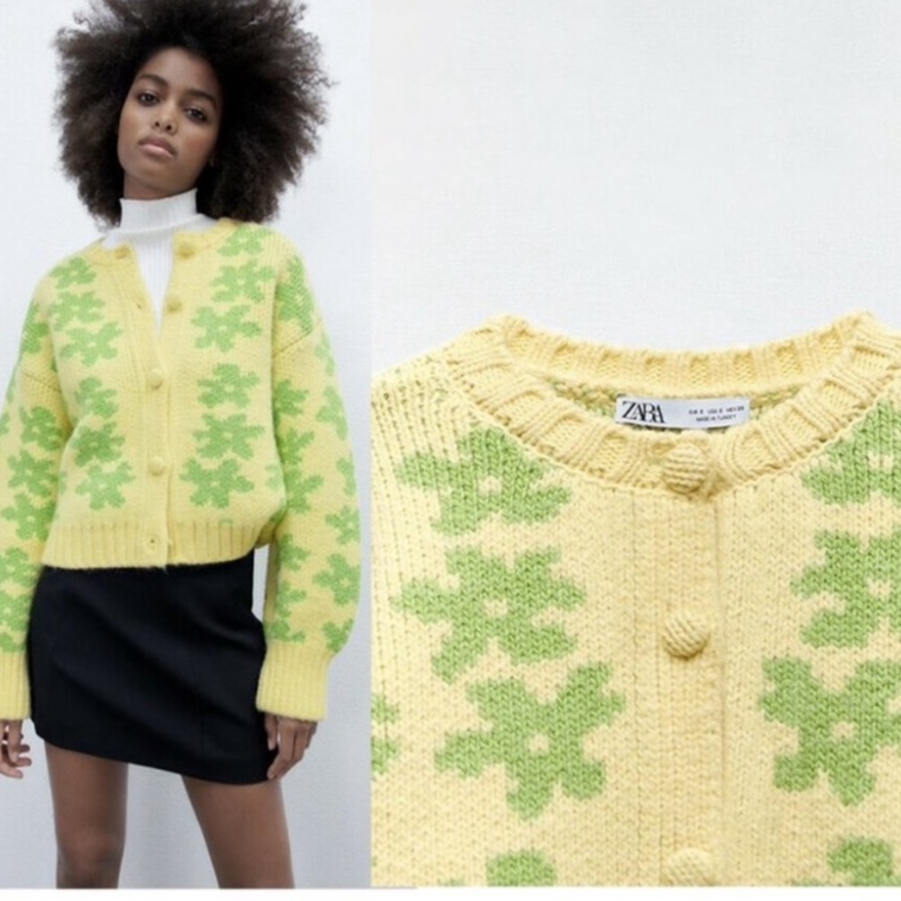 🔖 S ZARA Floral Jacquard Knit Retro Pop Flower Chunky Knit Cardigan Yellow - Picture 3 of 13